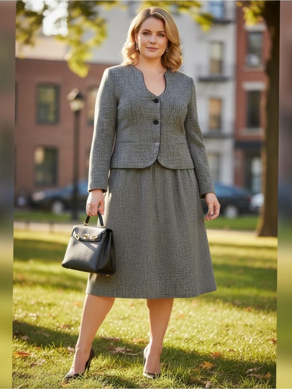 Julian Taylor 18WP 2X Gray Tweed Two-Piece Blazer Jacket Skirt Suit